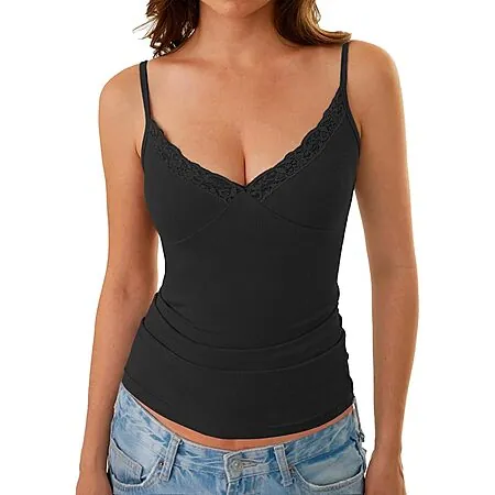 GKBK Women's Lace Trim Ribbed V-Neck Spaghetti Strap Tank Top (various)
