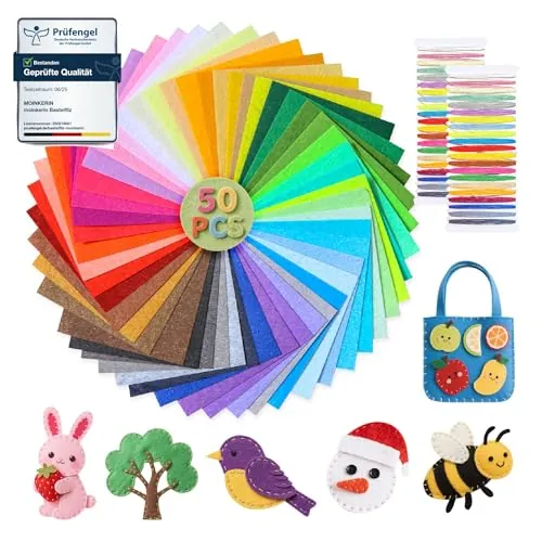 50 Pcs Felt Sheets with Thread 4″x4″ 1mm Stiff Felt