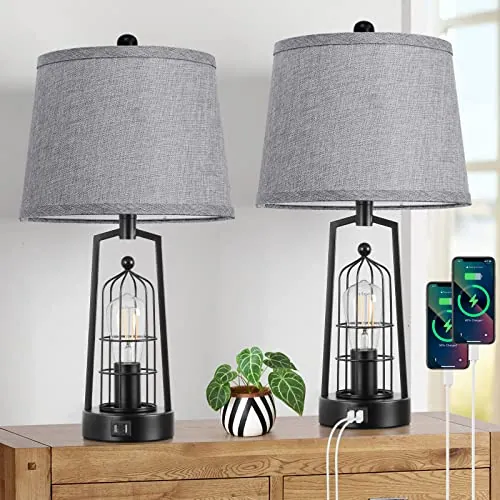 Brightever 2-Light Rustic Farmhouse Table Lamps with 2 USB Ports (Set of 2)