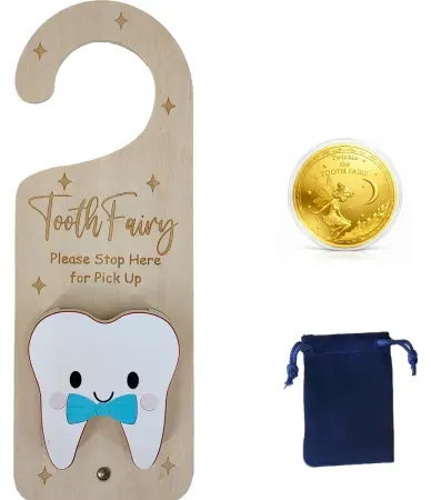 10.2" PAMBO Wood Tooth Fairy Door Hanger Money Holder w/ Tooth Coins
