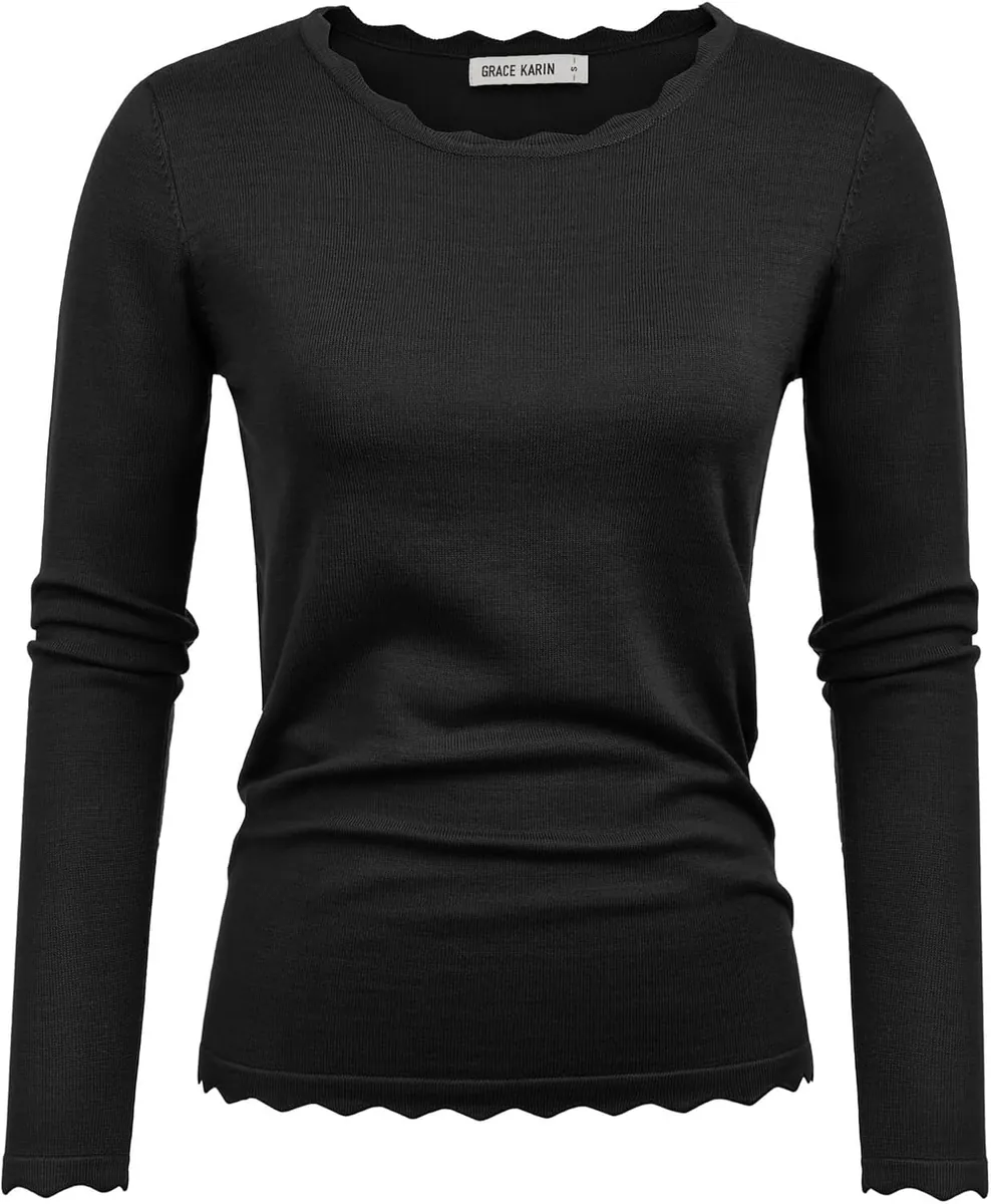 GRACE KARIN Scalloped Crew Neck Sweater