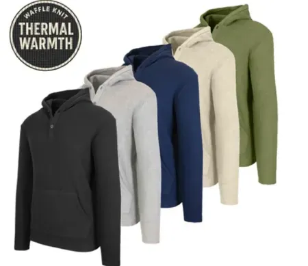 3-Pack Blue Ice Men's Waffle-Knit Thermal Henley Pullover Hoodie