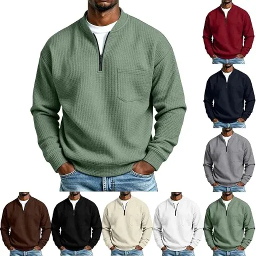 Men's Oversized Mockneck Quarter-Zip Pullover Sweatshirt with Pockets