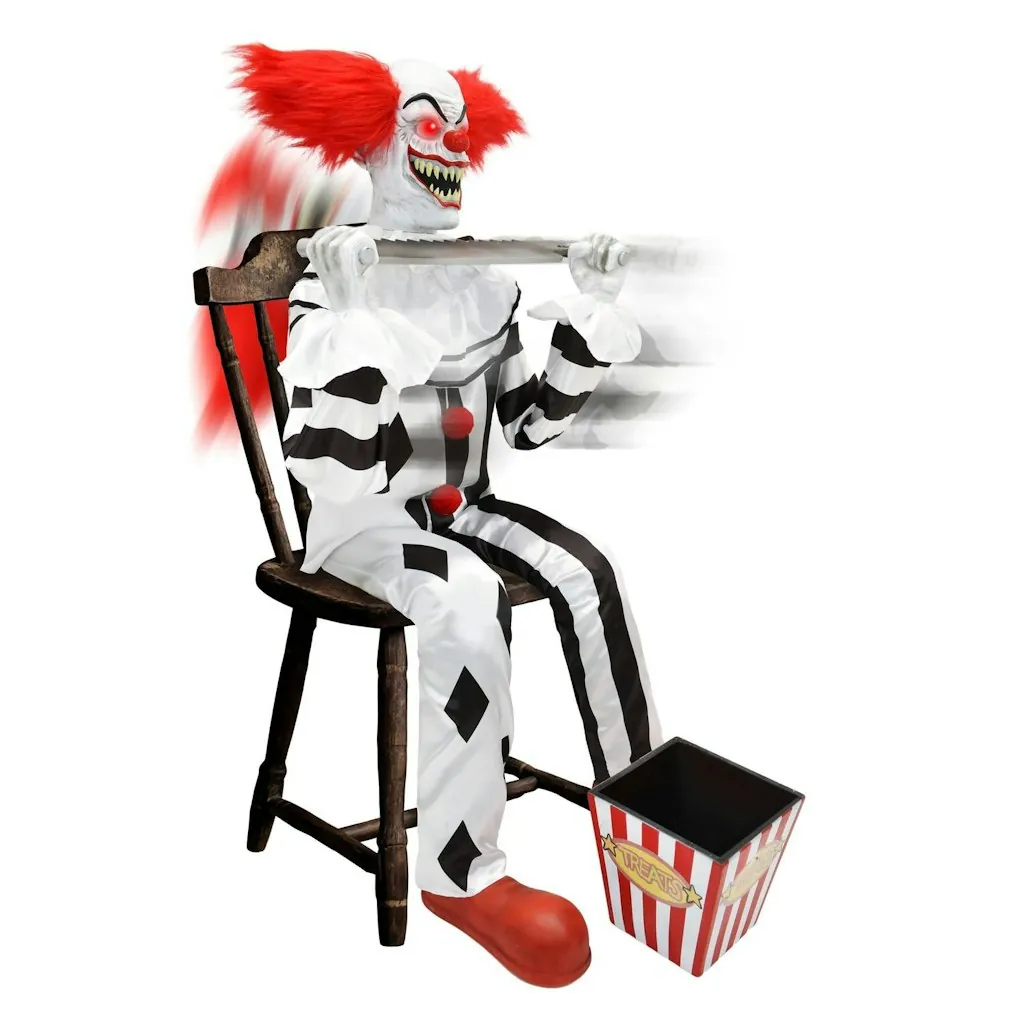Haunted Hill Farm Scareclown 4.1' Sitting Animatronic w/ Saw & Candy