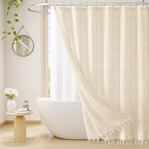 Linen Boho Farmhouse Shower Curtain Set with Tassels