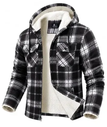 GEEK LIGHTING Flannel Shirt Jacket Sherpa Lined Plaid Zipper Men's Hoodie