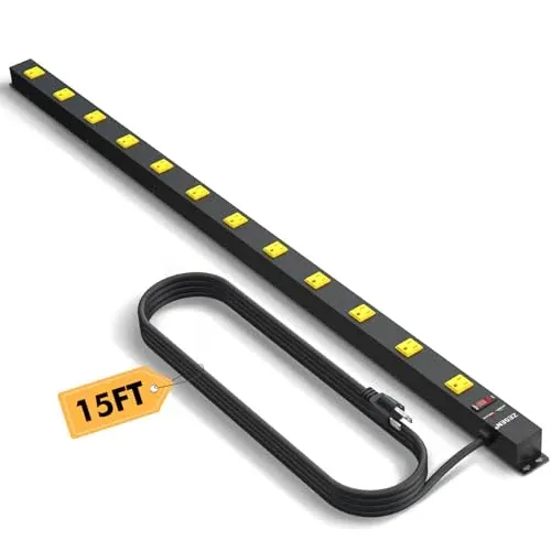 12 Outlet Industrial Long Power Strip with 15Ft Cord