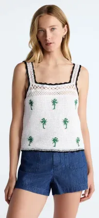 Women's Free Assembly Embroidered Square Neck Cotton Tank Top