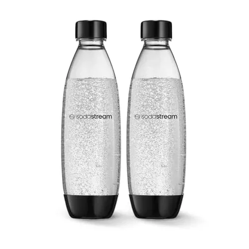 Sodastream 1L Twin Pack Carbonated Water Bottle, Dishwasher Safe Slim, 2 Black Reusable Plastic Bottles