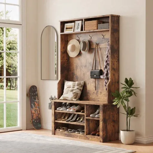 Millwood Pines Entryway Farmhouse Hall Tree w/ Bench, Shoe Storage, Side Baskets and Hooks (Rustic Brown)
