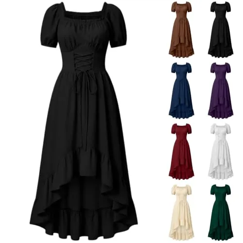 Renaissance Costume Women Medieval Victorian Short Sleeve Dress
