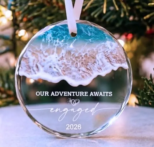 Our Adventure Awaits Glass Engagement Ornament