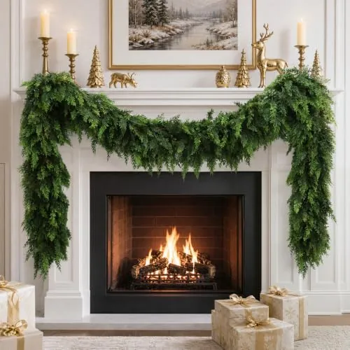 9ft Real Touch Pine Cedar Garland for Christmas Mantle