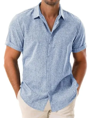 Drazivon Men's Linen Short Sleeve Button Down Casual Beach Shirt