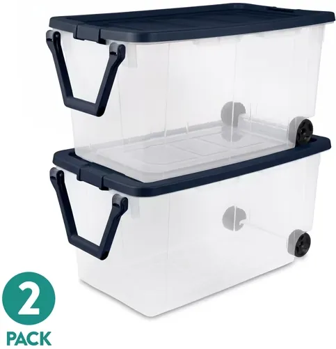 Sterilite 160 Qt XL Clear Plastic Wheeled Storage Bin 2-Pack with Latch Lid and Pull Handle