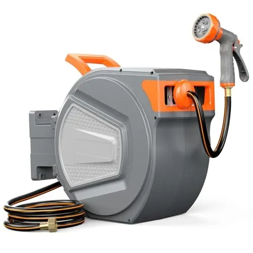 OLIXIS Automatic Retractable Wall Mounted Garden Hose Reel w/ Nozzle 65' 1/2"