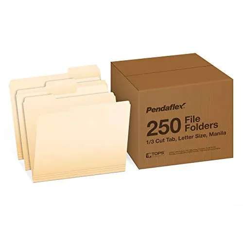 Pendaflex File Folders 250-Pack Letter Size Manila 1/3-Cut Tabs