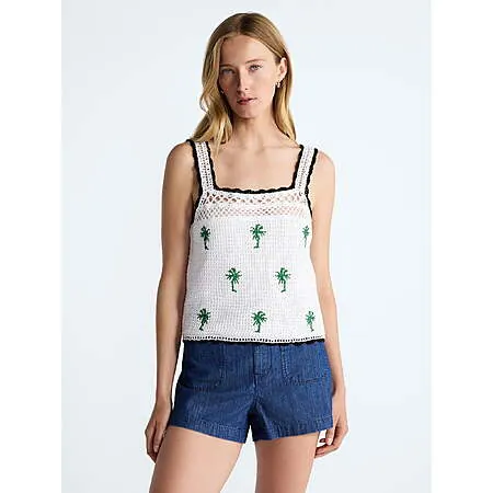 Women's Free Assembly Embroidered Square Neck Cotton Tank Top (Palm Tree)