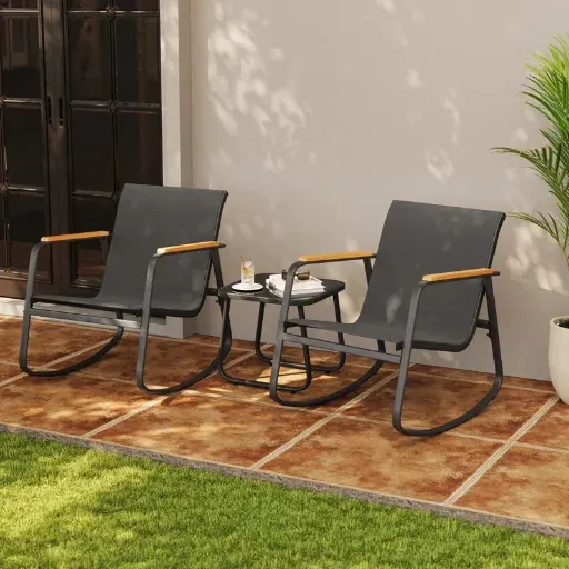 3 Piece Outdoor Patio Set with Textilene Rocking Chairs and Solid Wood Armrests