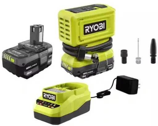 RYOBI ONE+ 18V Cordless High Pressure Inflator with 2.0 Ah Battery, 4.0 Ah Battery, and Charger