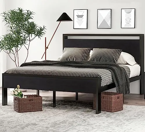 SHA CERLIN 14 Inch Queen Size Metal Platform Bed Frame with Wooden Headboard and Footboard