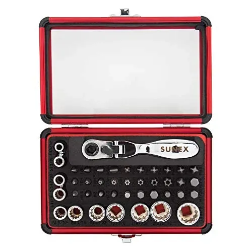 SUNEX TOOLS 9732 44Pc 1/4" Dr Mini Dual Flex Head Ratchet with Socket & Bit Set