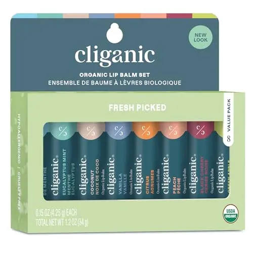 Cliganic Organic Lip Balm Set, 8-Pack, 100% Natural for Dry Cracked Lips
