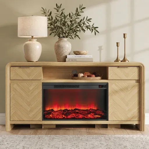 Ebern Designs 63-Inch Herringbone Modern TV Stand with 30-Inch Fireplace (Natural)