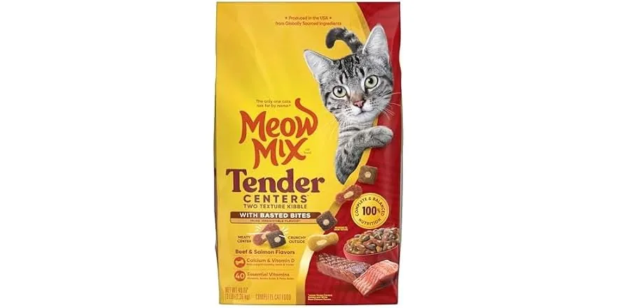 Meow Mix Tender Centers with Basted Bites, Beef & Salmon Flavors, Dry Cat Food, 3 lb. Bag