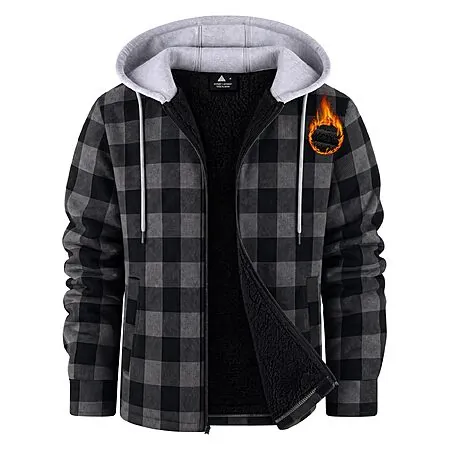 ZITY Men's Flannel Sherpa Fleece Lined Full-Zip Plaid Hooded Jacket
