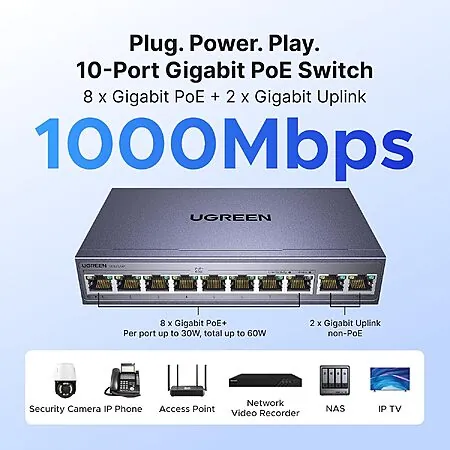 Prime Members: UGREEN 10-Port Unmanaged PoE Switch/Gigabit Ethernet Switch