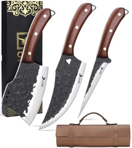 3PCS Forged Butcher Axe Knife Set With Leather Roll Bag