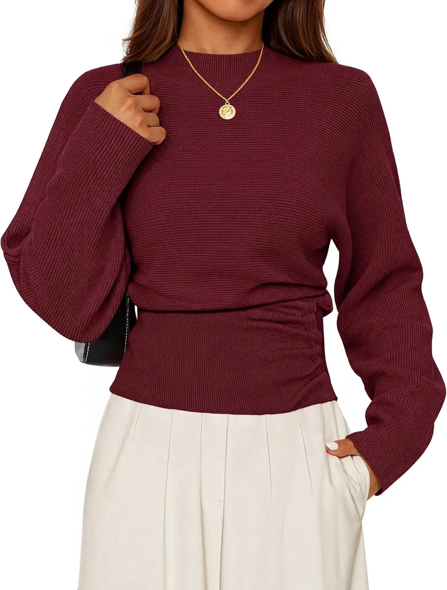 MEROKEETY Mock Neck Batwing Sleeve Sweater