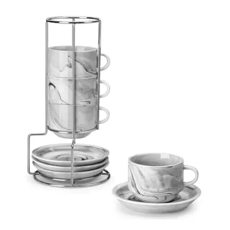 4-Piece 4oz Malacasa Porcelain Espresso Cups with Saucers and Metal Stand Set