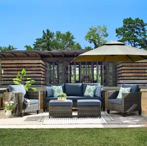 OVIOS New Vultros Gray 5-Piece Wicker Outdoor Patio Seating Set with Blue Cushions