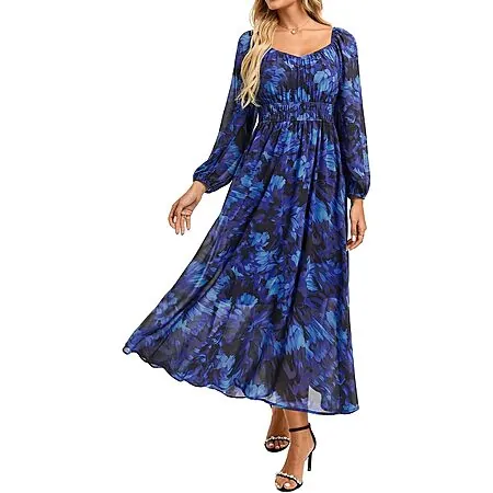 GRACE KARIN Women's Floral Long Sleeve Sweetheart Neck A-Line Maxi Dress