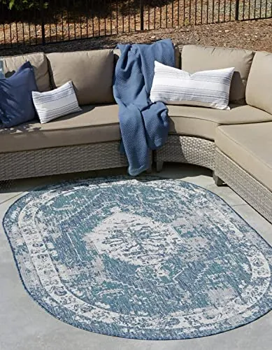 Unique Loom Outdoor Traditional Collection Area Rug - Valeria 3' 3" x 5' 3" Oval Blue/Ivory