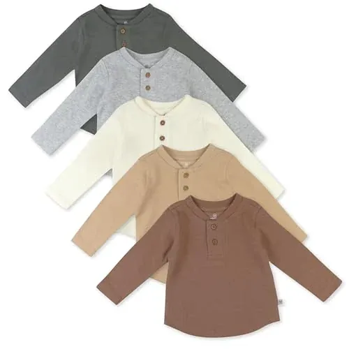 HonestBaby 5-Pack Waffle Henley Long Sleeve Shirts for Infant Baby and Toddler Boys