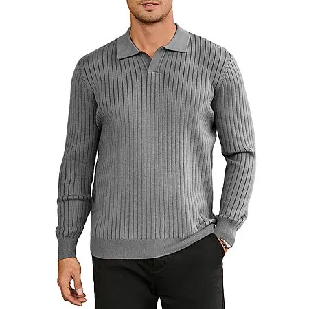 Hardaddy Men's Ribbed Knit Long Sleeve Polo V Neck Sweater (various colors)