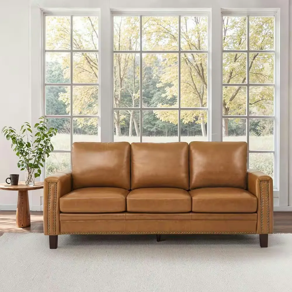OrangeOne 84" Genuine Leather Square Arm 3-Seat Sofa