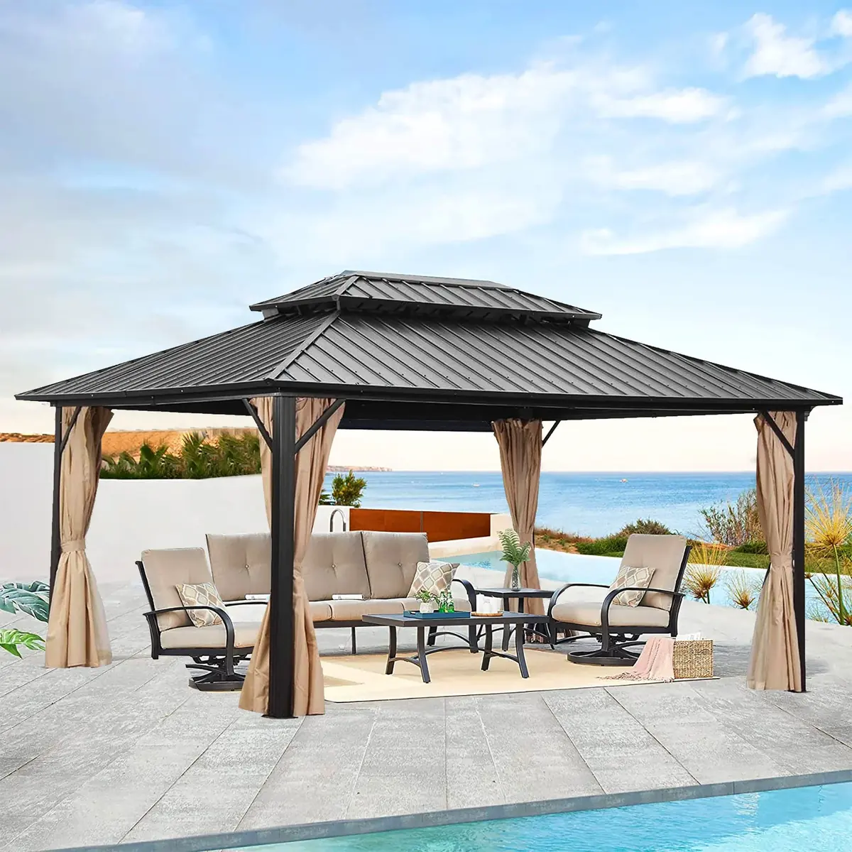 Ainfox 12'x16' Steel Double Roof Hardtop Gazebo with Curtains & Netting