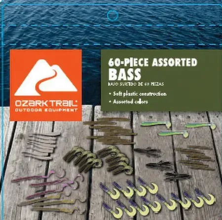 60pc Ozark Trail Bass Soft Plastic Lures Value Grab Bag