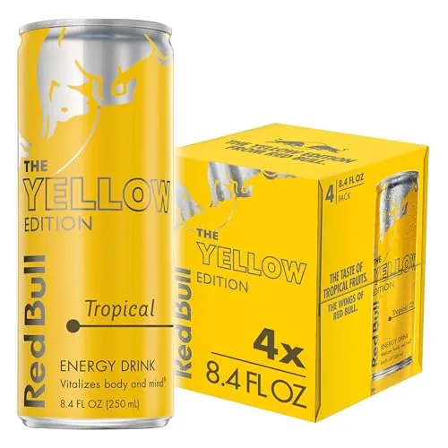 Red Bull Energy Drink, Tropical, Yellow Edition | contains caffeine, taurine, B-vitamins, sugar, and water, 8.4 fl oz, pack of 4 cans