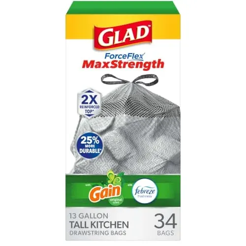 Glad ForceFlex MaxStrength 13-Gal Tall Kitchen Trash Bags, 34-Count (Gain Original)