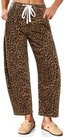 Vetinee Women's High-Waisted Barrel Wide Leg Cheetah Print Jeans