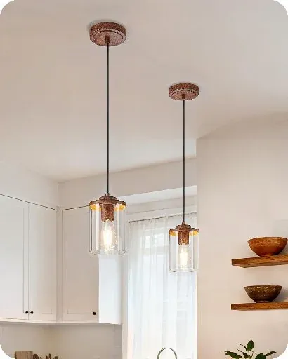 EDISHINE Farmhouse Pendant Light 2-Pack w/ Wood Grain Finish & Clear Glass Shade (Walnut)