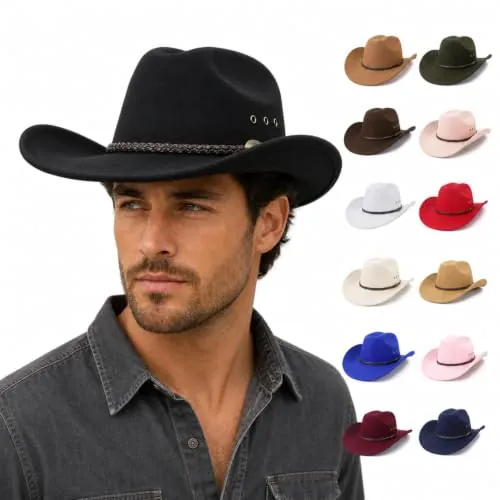 Men Western Wide Brim Braided Band Hat
