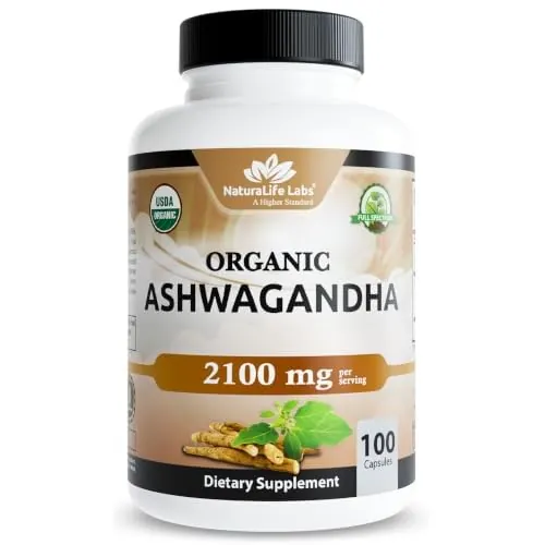 NaturaLife Labs Organic Ashwagandha 2100 mg per Serving, 100 Capsules