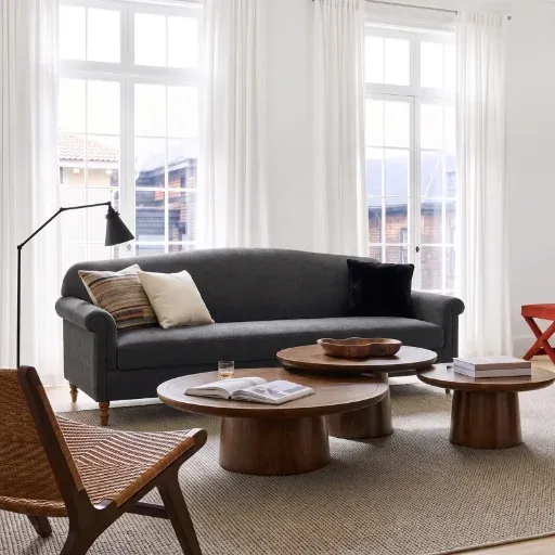 Bellamont Modern Neoclassical Chenille Sofa with Rolled Arms & Rubberwood Legs