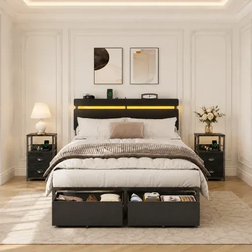 Wrought Studio 3-piece Bedroom Sets (Bedframe + 2 Night Stands), Black - Queen